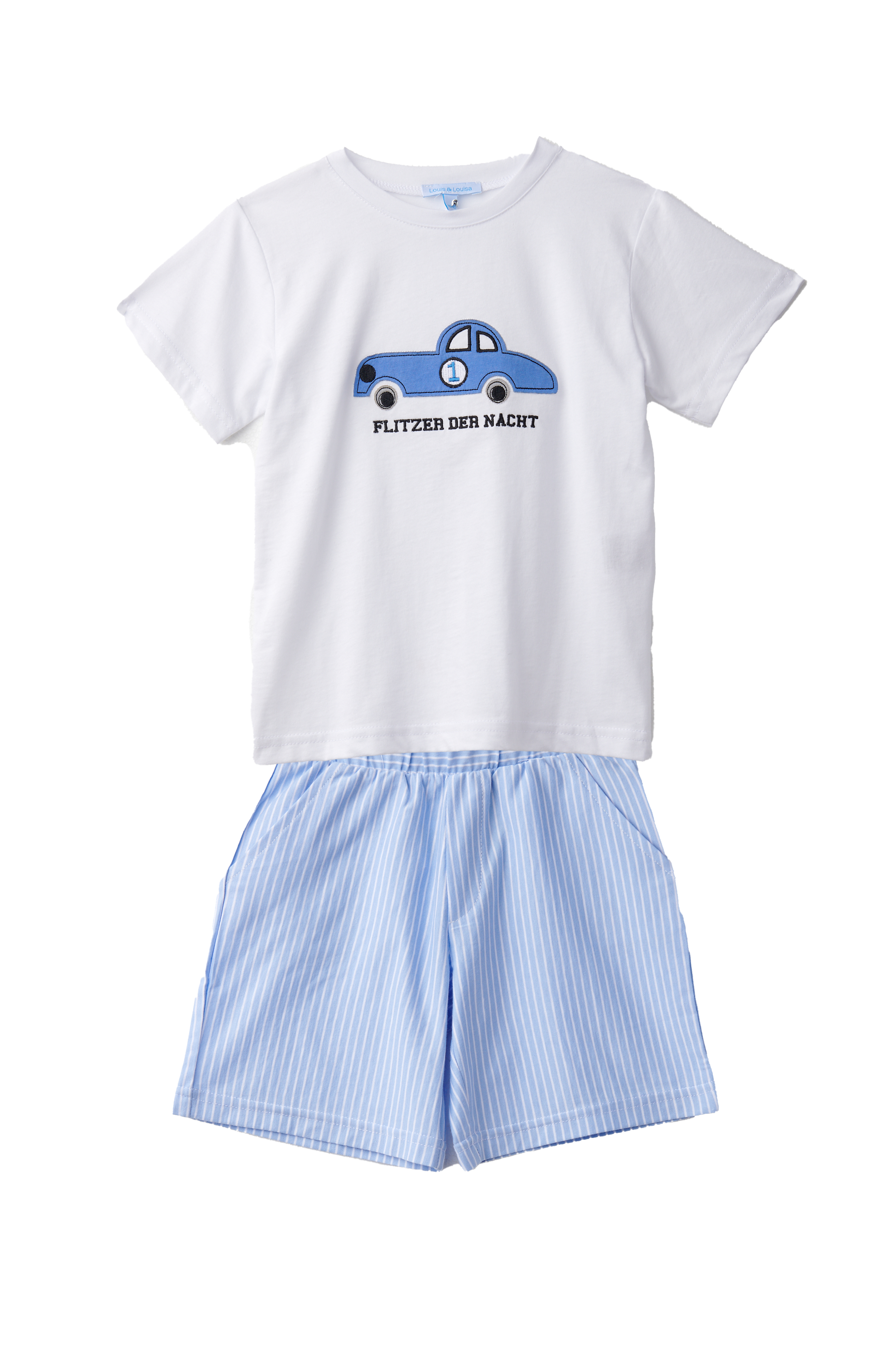 Louis & Louisa Short-Set Jungs "Auto", weiß / blau gestreift