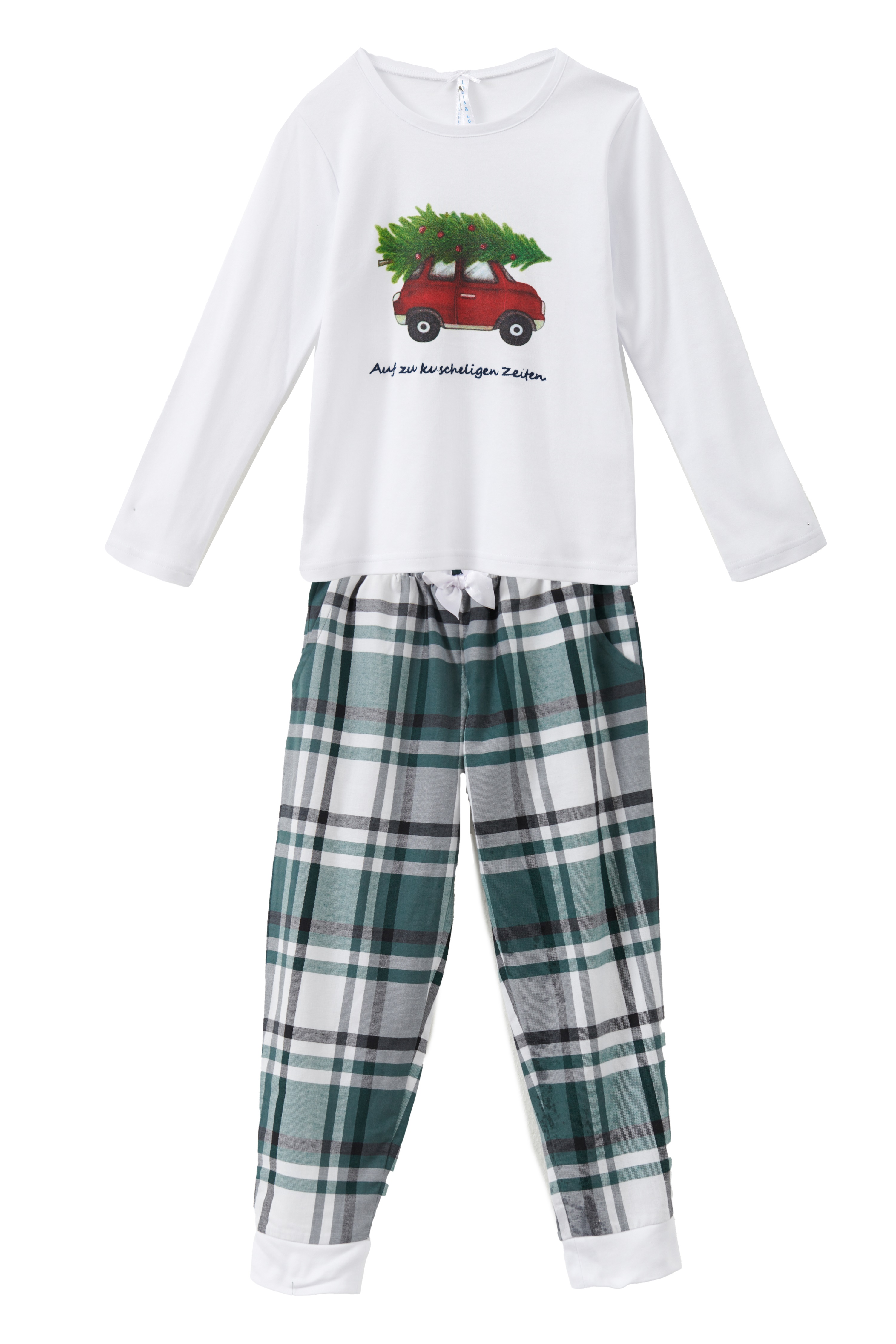 Louis & Louisa Pyjama Kinder Bündchen "Kuschelige Zeiten" Auto-Aufdruck, weiß/ Flanell