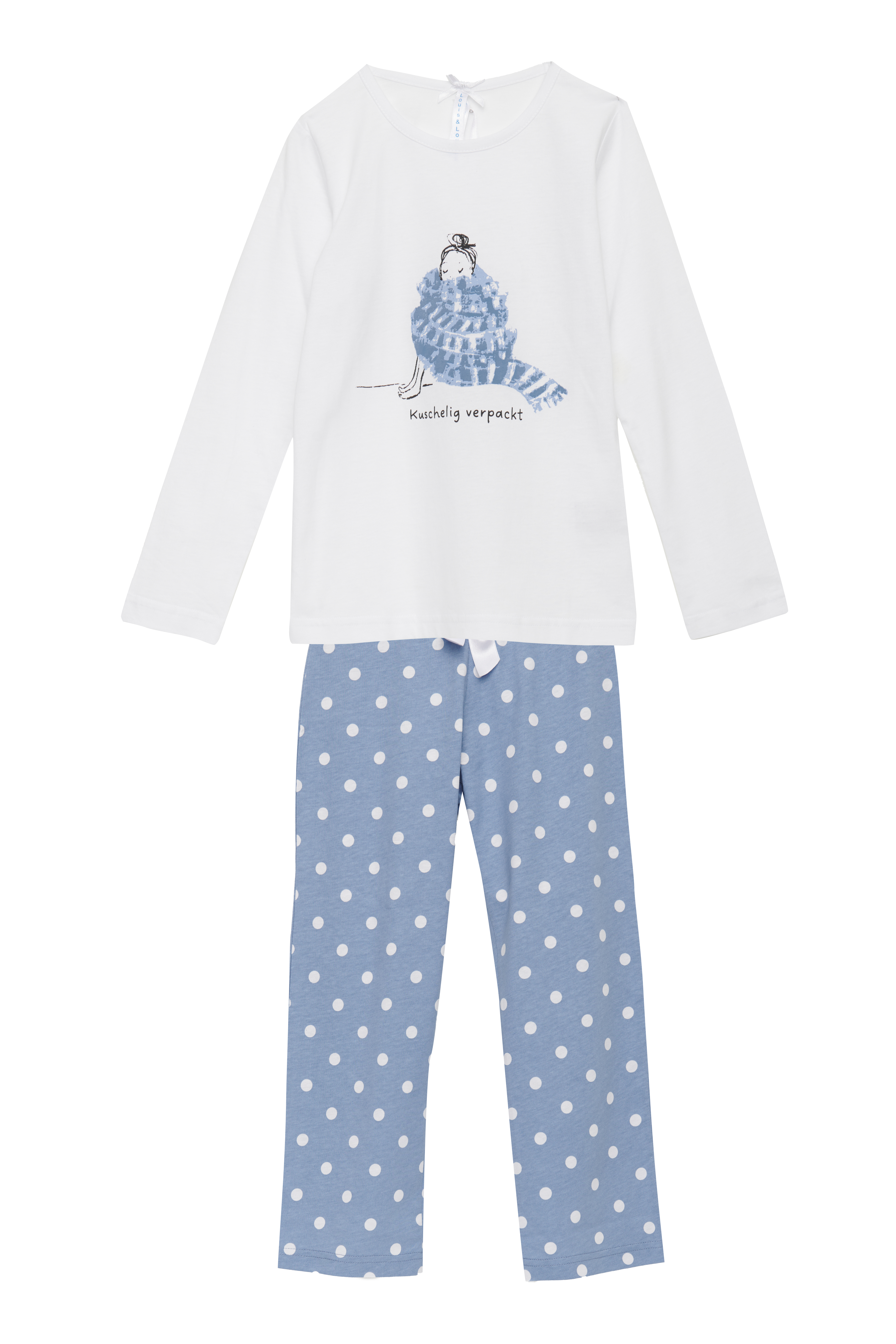 Louis & Louisa Pyjama Kinder Basic "Mädchen mit Schal", weiß / blau allover